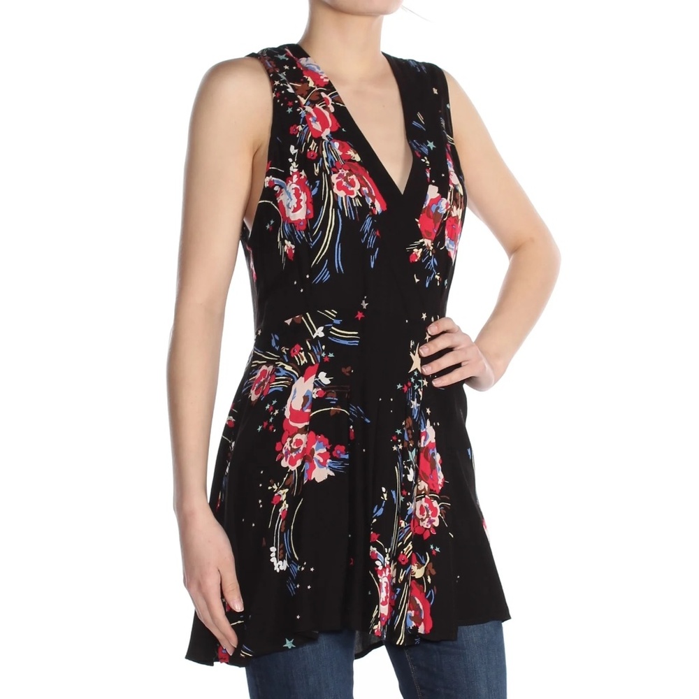 Free People Black Floral wrap tunic top